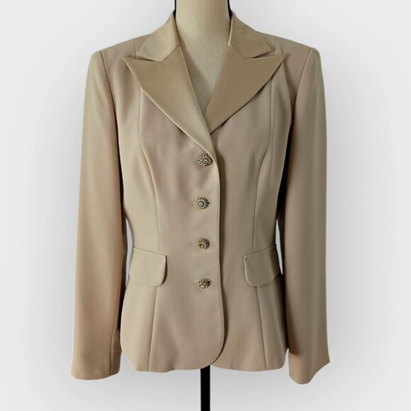 Talbots Light Tan Rhine Button Front Notched Collar Silk Trimmed Blazer Jacket 8 - Picture 1 of 8